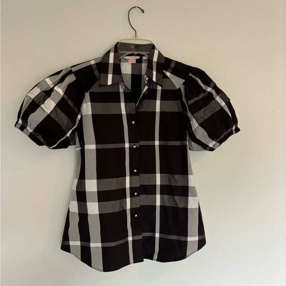 Pink tartan puffed sleeves, size 8, plaid with round silver buttons - Picture 1 of 9